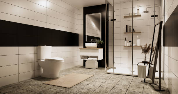 Granite Tiles white and black wall design Toilet, room modern style. 3D illustration rendering Granite Tiles white and black wall design Toilet, room modern style. 3D illustration rendering japanese toilet stock pictures, royalty-free photos & images