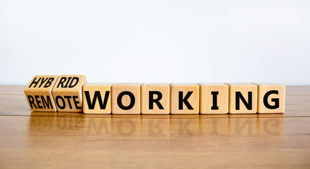 istock Hybrid or remote working symbol. Turned wooden cubes and changed words remote working to hybrid working. Beautiful white background. Business hybrid or remote working concept, copy space. 1441016659