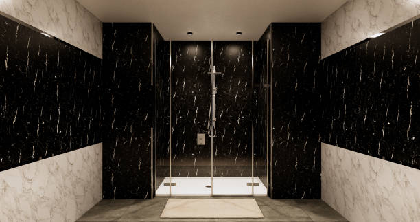 istock Granite Tiles white and black wall design Toilet, room modern style. 3D illustration rendering 1441016718