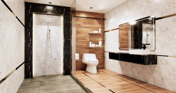 istock Granite Tiles white and black wall design Toilet, room modern style. 3D illustration rendering 1441019355
