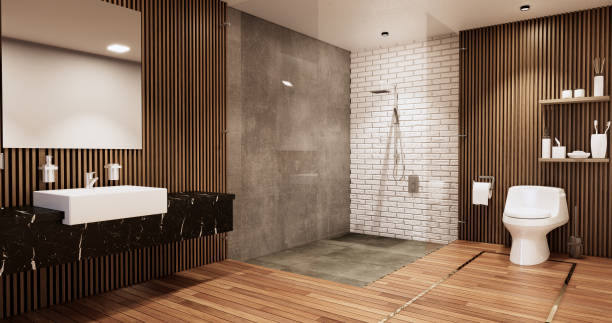 istock Granite Tiles white and black wall design Toilet, room modern style. 3D illustration rendering 1441019366