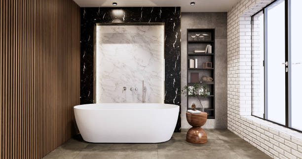 istock Granite Tiles white and black wall design Toilet, room modern style. 3D illustration rendering 1441019376