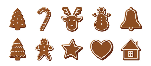 Christmas Gingerbread cookies vector set. Christmas cookies with icing. Flat illustration