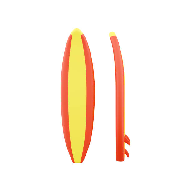 istock 3d render yellow and red surfboard. 3d rendering surfboard on white background. 3d render surfboard illustration 1441021847