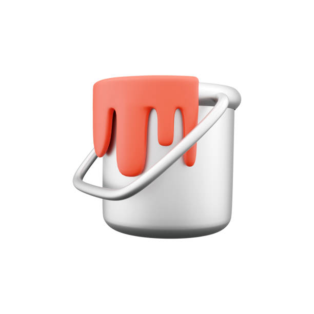3D render open bucket with a paint color. 3d illustration on white background. 3D render color bucket icon on white.