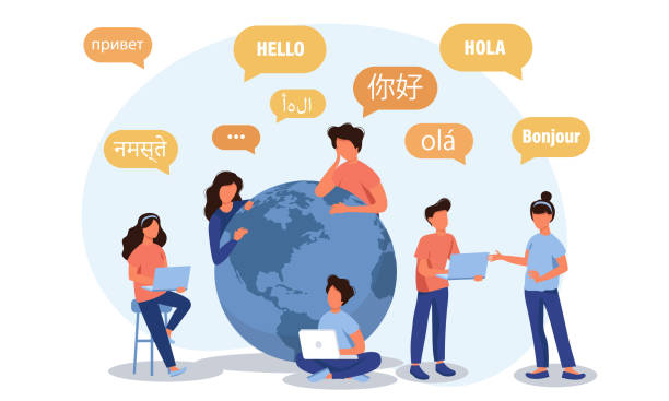 Young people chatting in foreign languages. Vector illustration for web banner, infographics, mobile. Male and female cartoon characters speaking different languages. Young people chatting in foreign languages. Vector illustration for web banner, infographics, mobile. Male and female cartoon characters speaking different languages. translation stock illustrations