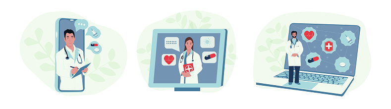 Online doctor, telemedicine service for patients. Vector illustration medical concept. Healthcare consultation by Internet.