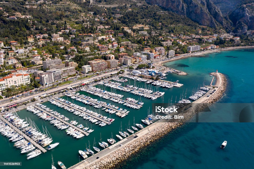 Aerial View of Hotels in Menton, Cote d'Azur, French Riviera Cityscape of Menton, Cote d'Azur, French Riviera, France, Europe. Above Stock Photo