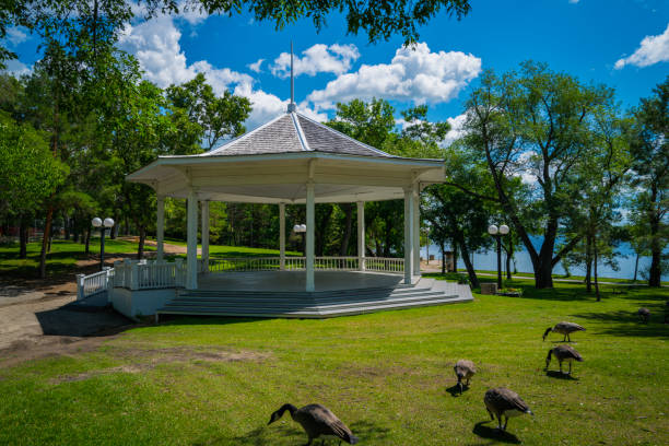 Gazebo with Canada geese on the grass in city park in Regina Saskatchewan