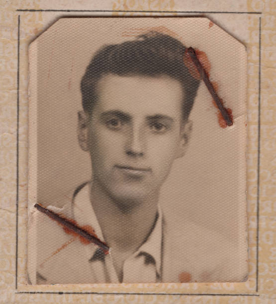 black and white id photo taken in the 50s of a young man looking at the camera - 1952 stok fotoğraflar ve resimler