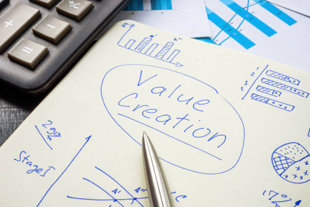 Open notepad with notes about value creation. stock photo