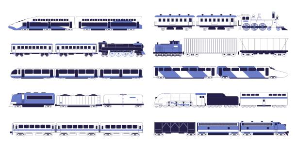 ilustrações de stock, clip art, desenhos animados e ícones de set of various trains and locomotives. modern and old, passenger and cargo. - transportation railroad track train railroad car