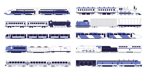 Set of various trains and locomotives. Modern and old, passenger and cargo.