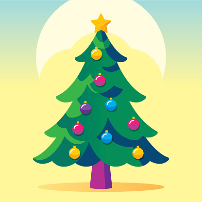 Vector illustration of a Christmas tree against a light yellow background in flat style.