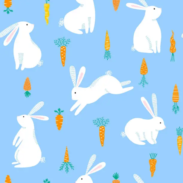 Vector illustration of Rabbit and carrot seamless pattern on blue