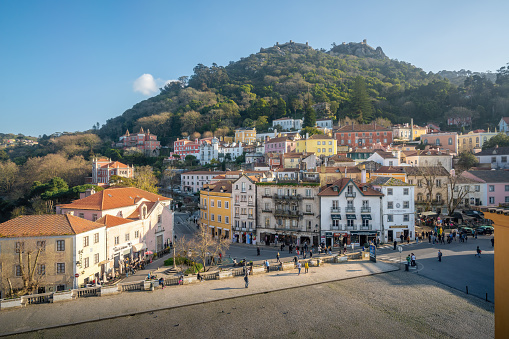 Sintra, Portugal - Feb 20, 2020: Republic Square at Sintra Old Town with Moorish Castle on background - Sintra, Portugal