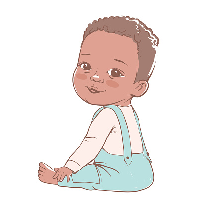 Cute baby boy sitting and smiling. Active dark skin baby of 3-12 months dressed in baby clothes. First years baby development. African ethnicity child. Vector illustration in pastel colors.
