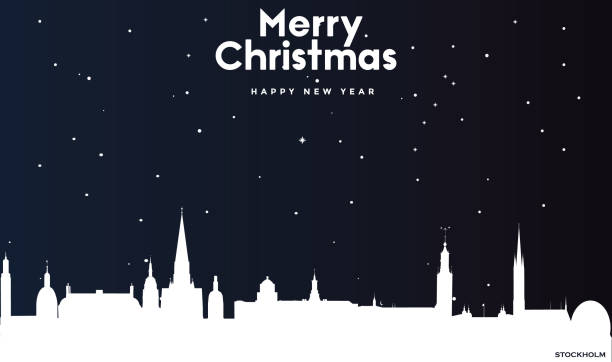 ilustrações, clipart, desenhos animados e ícones de cartão de saudação azul escuro de natal e ano novo com panorama branco de estocolmo - stockholm silhouette sweden city