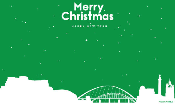 크리스마스와 새해 녹색 인사말 카드 뉴캐슬의 흰색 파노라마 - newcastle stock illustrations