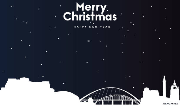 크리스마스와 새해 진한 파란색 인사말 카드 뉴캐슬의 흰색 파노라마 - newcastle stock illustrations