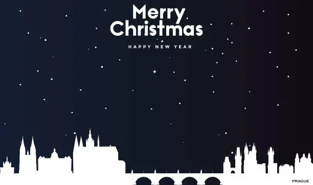 Vector illustration of Christmas and New year dark blue greeting card with white panorama of Prague