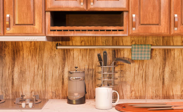 istock Rustic kitchen interior with cookware. Gastronomy and cuisine. 3d illustration. 1441045221