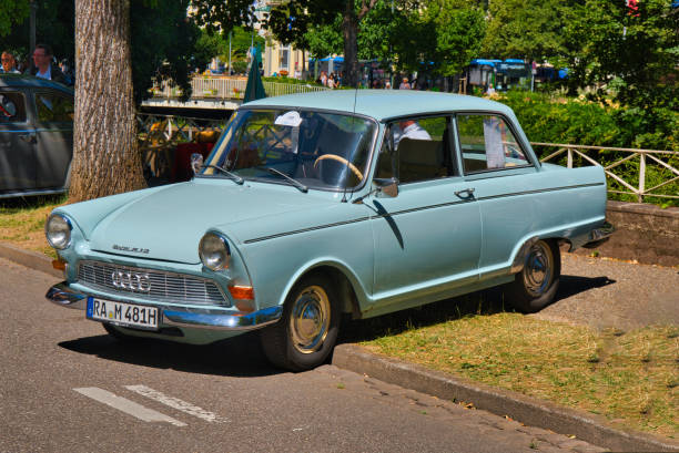 Baden-Baden, Germany - 10 July 2022: blue 1965 Audi DKW F12 is parked in Kurpark in Baden-Baden at the exhibition of old cars \