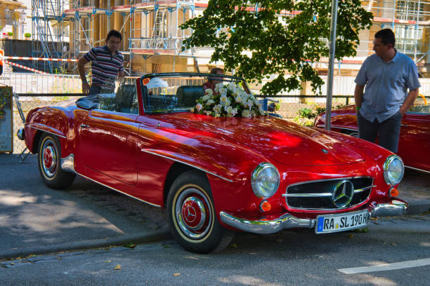 Baden-Baden, Germany - 10 July 2022: red Mercedes-Benz 190 SL W121 1955 is parked in Kurpark in Baden-Baden at the exhibition of old cars \