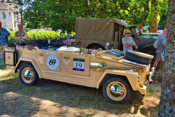 Baden-Baden, Germany - 10 July 2022:beige Volkswagen Type 181 1968 cabrio is parked in Kurpark in Baden-Baden at the exhibition of old cars \