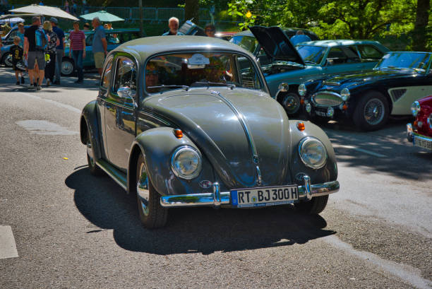Baden-Baden, Germany - 10 July 2022: grey gray VW Volkswagen Beetle Type 1 is parked in Kurpark in Baden-Baden at the exhibition of old cars \