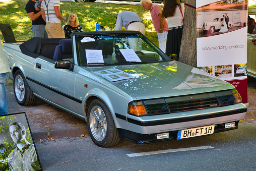 Baden-Baden, Germany - 10 July 2022: gray grey Toyota Celica TA 6 1984 cabrio is parked in Kurpark in Baden-Baden at the exhibition of old cars 