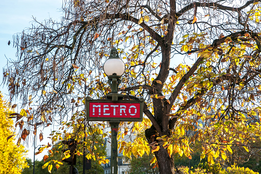 Paris metro sign with an autumn tree, Les Invalides quarter. November 11, 2022.