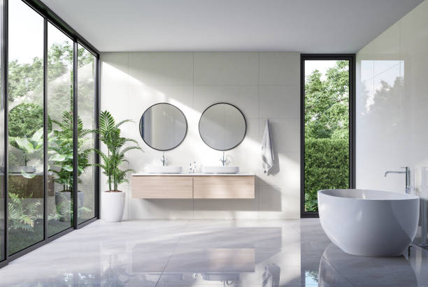 istock Modern luxury white bathroom with tropical style garden view 3d render 1441062605