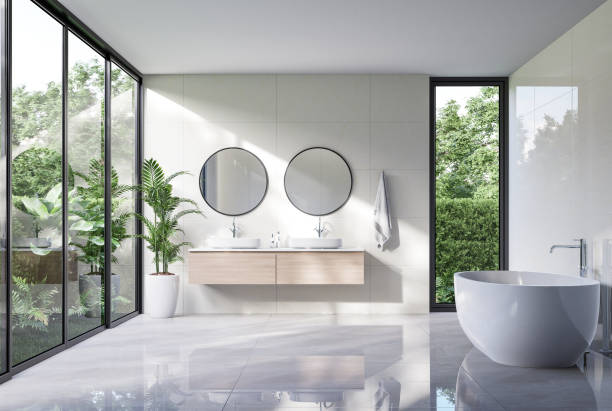 Modern luxury white bathroom with tropical style garden view 3d render stock photo