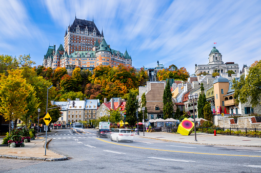 Quebec City Canada sunset view with historic Château Frontenac and old architecture in view
