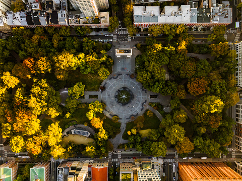 Aerial top down view of Washington Square Park in New York city in autumn, morning light, lower Manhattan