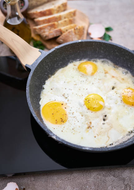 istock Fried Egg in cast iron frying pan on black induction hob 1441068661