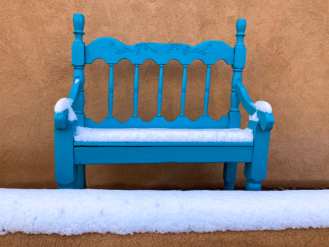 Santa Fe Style: Traditional Turquoise Bench, Adobe Wall, Snow