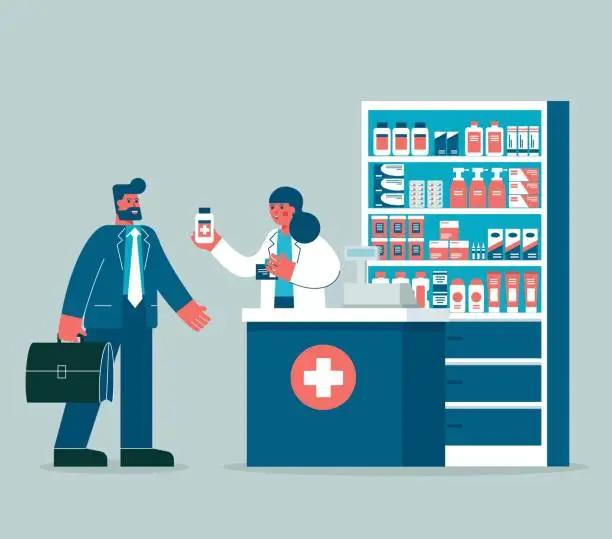 Vector illustration of Pharmacist in the workplace in a pharmacy