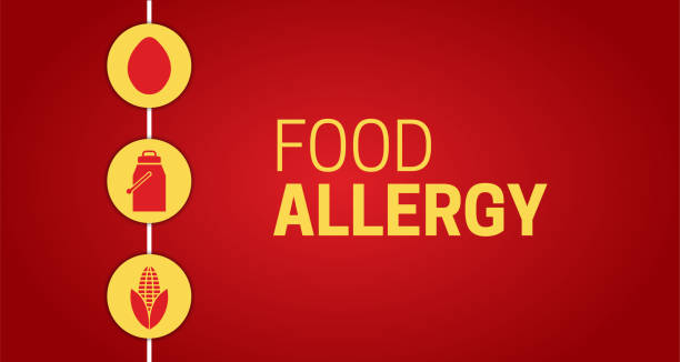 ilustrasi latar belakang alergi makanan merah dengan ikon telur, susu, dan jagung - food allergies ilustrasi stok