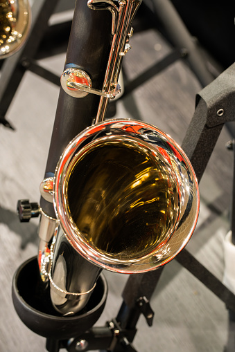 Tuba brass instrument. Music horn player. Orchestra instrument hands closeup. Bass euphonium