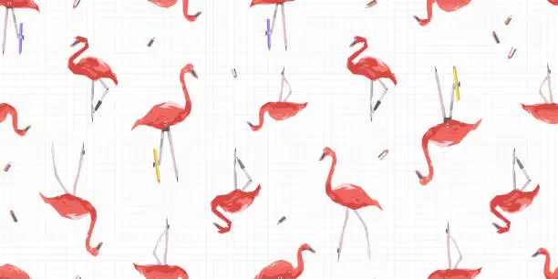 Vector illustration of Seamless pattern with pink flamingos, dividers and pencils on white checkered paper