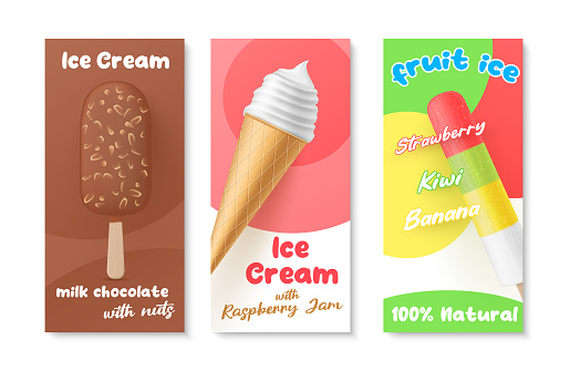 Ice cream sweet delicious summer dessert advertising poster set vector illustration dairy treat menu