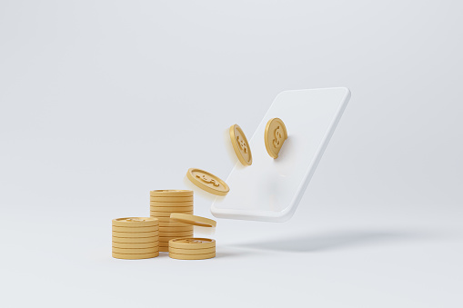 White mobile smartphone and gold coin on white background. Financial technology investment. Fintech future innovation. 3d render illustration