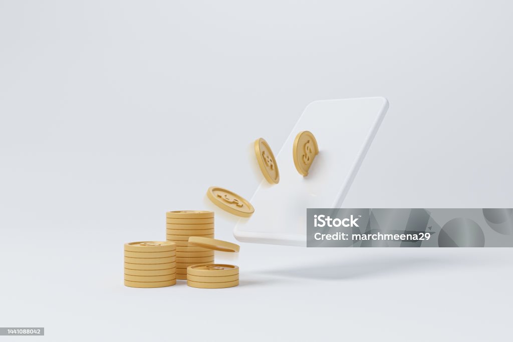 White mobile smartphone and gold coin on white background. Financial technology investment. Fintech future innovation. 3d render illustration Mobile Phone Stock Photo