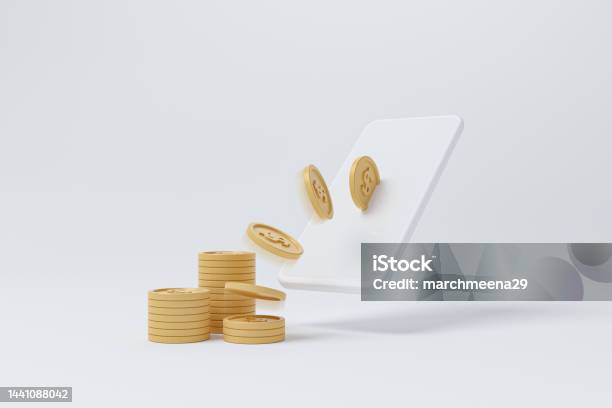 White Mobile Smartphone And Gold Coin On White Background Financial Technology Investment Fintech Future Innovation 3d Render Illustration Stock Photo - Download Image Now