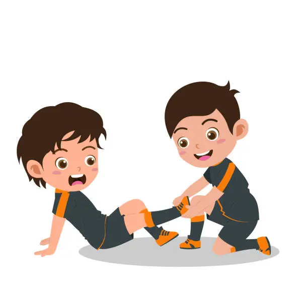 Vector illustration of Cartoon of Cute Boy Getting Leg Pain While Playing Football