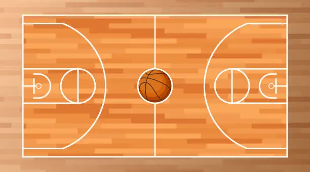 Vector illustration of Basketball court floor with line on wood texture background. Vector illustration.