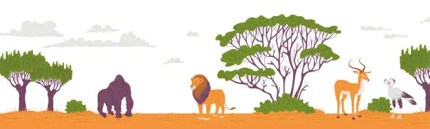 Vector illustration of Panoramic scene with African nature flat style, vector illustration