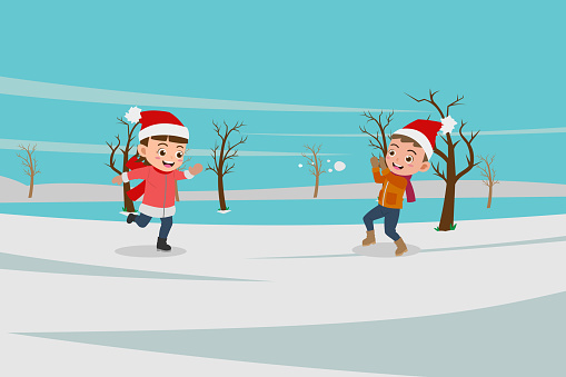 Cartoon of Cute Kids Playing in The Snow, Background in Separated Layer For Easy Editing